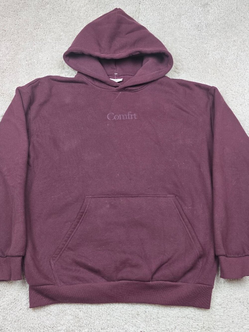 COMFRT Maroon Burgundy Pullover Hoodie Logo Raglan Size Large L Soft USA Stretch